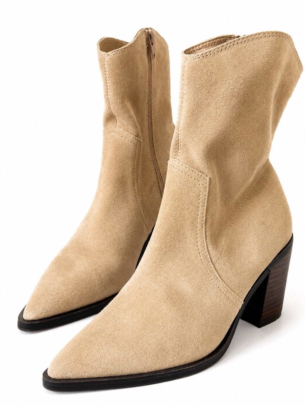 Express Beige Tan Suede Leather Pointed Toe Ankle Boots Block Heel Size 6